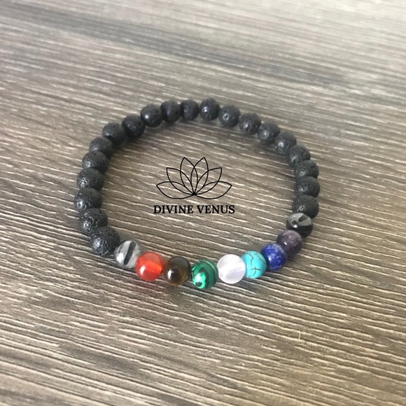 7 Chakra Stretch Bracelet Gemstones & Lava Rocks - Picture 3 of 8